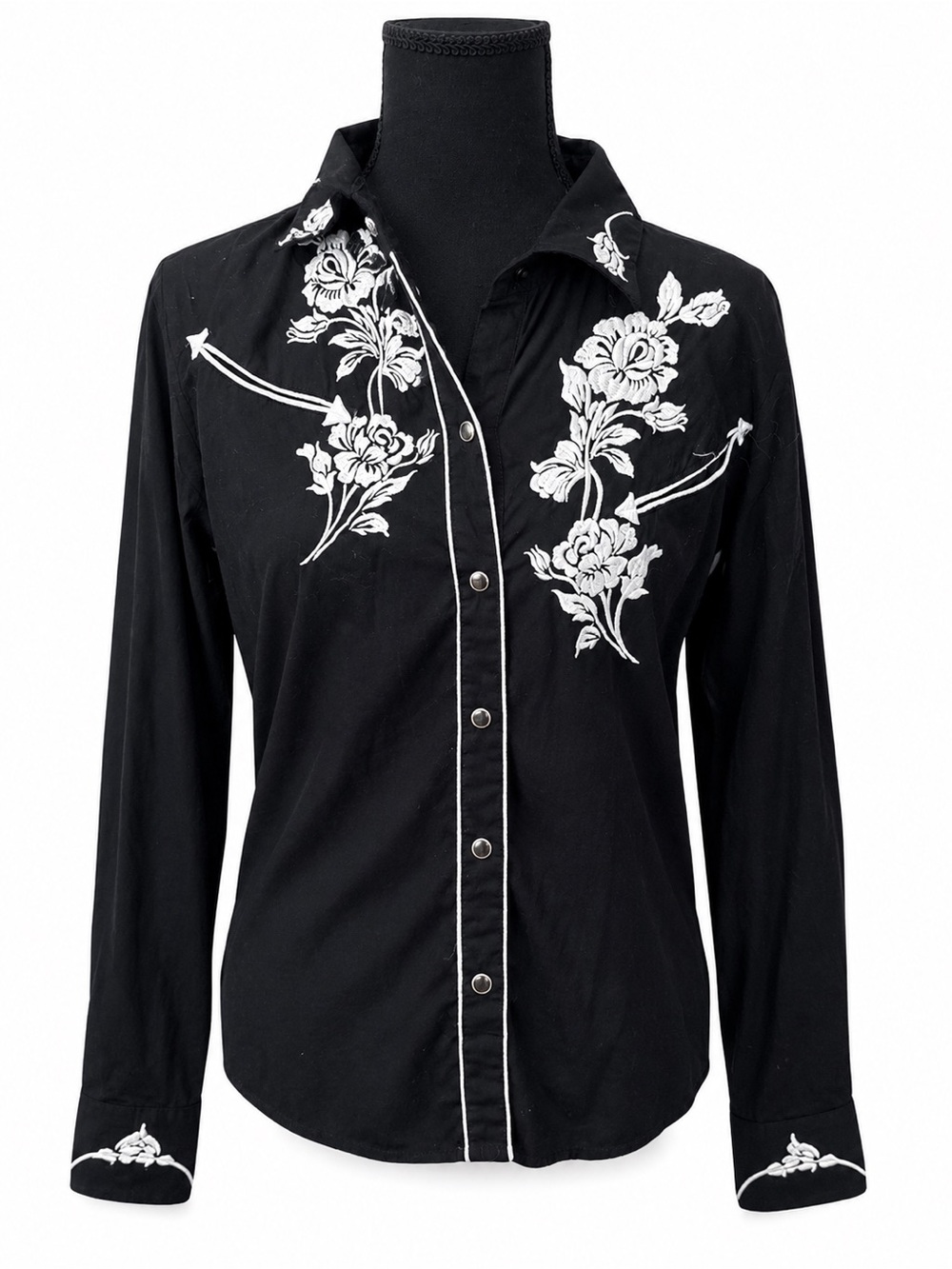 Damesi Black Western Snap Shirt Floral Embroidery Size XL